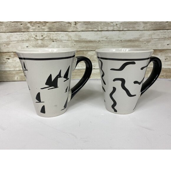 Pair Croix Du Sud Large Ceramic Mugs Coffee Cup B&W Sailboats Abstract Lot 2 - Picture 11 of 11